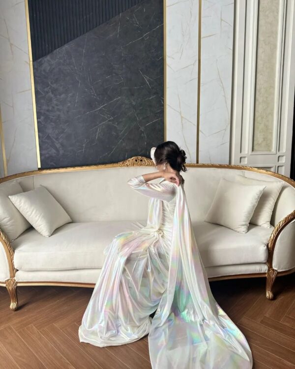 fancy satin white rainbow rfeady to wear saree - Image 5
