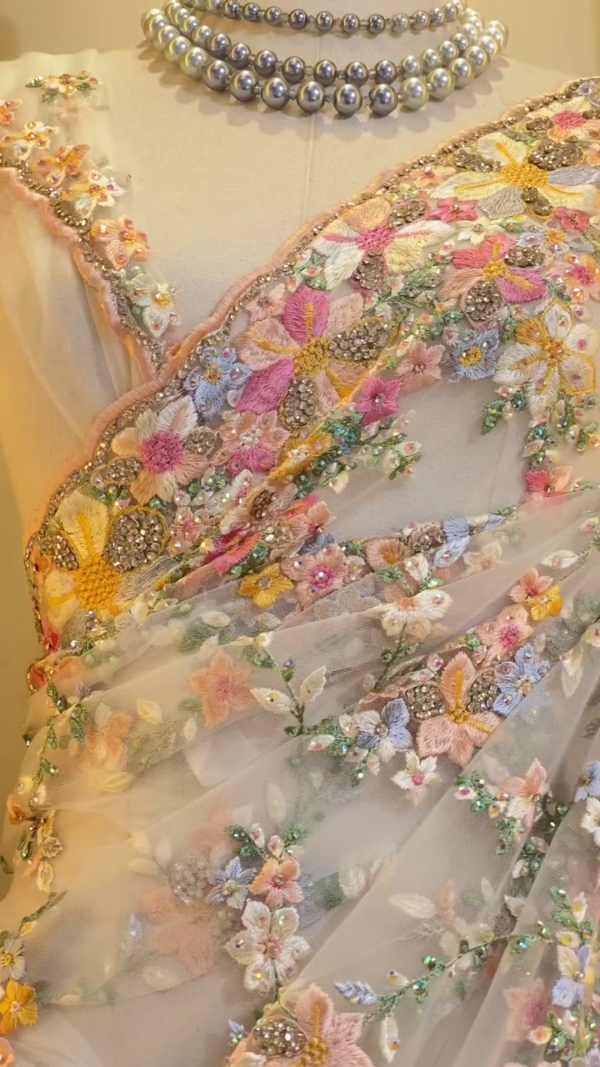 Women's Georgette silk Sarees With Beautiful multi color embroidery work with Border Cut work - Image 5