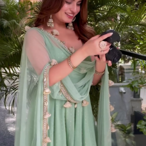 Fancy  Mint Green Duppata Set, 3 pc Anarkali Gown With Duppatta Set With Pent