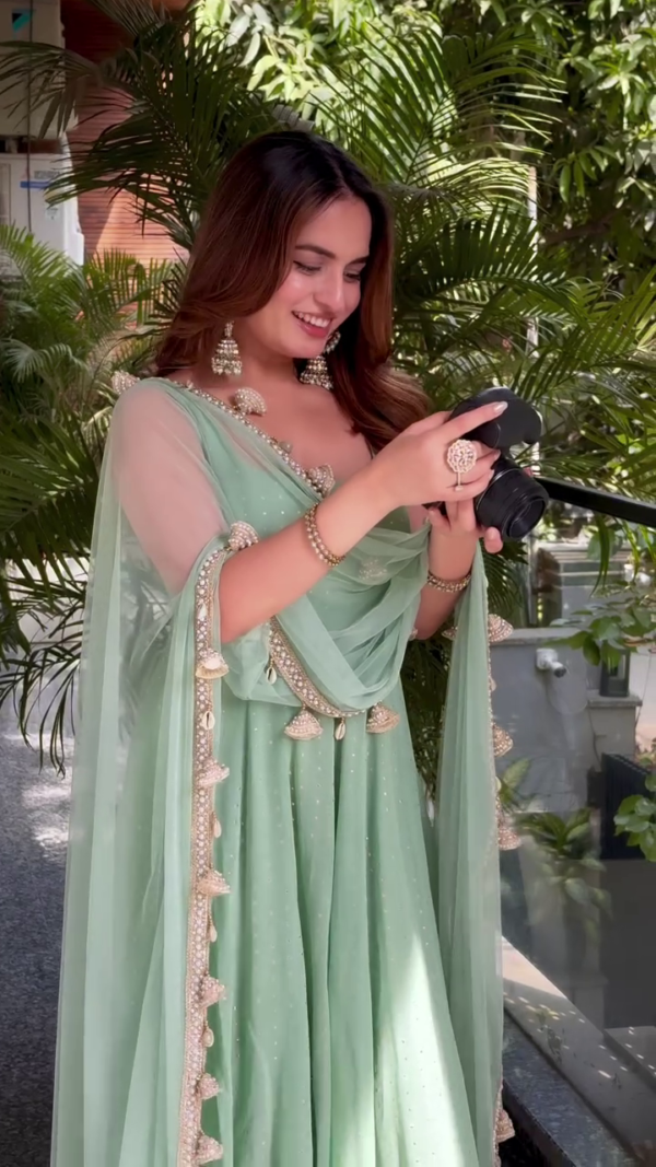 Fancy  Mint Green Duppata Set, 3 pc Anarkali Gown With Duppatta Set With Pent