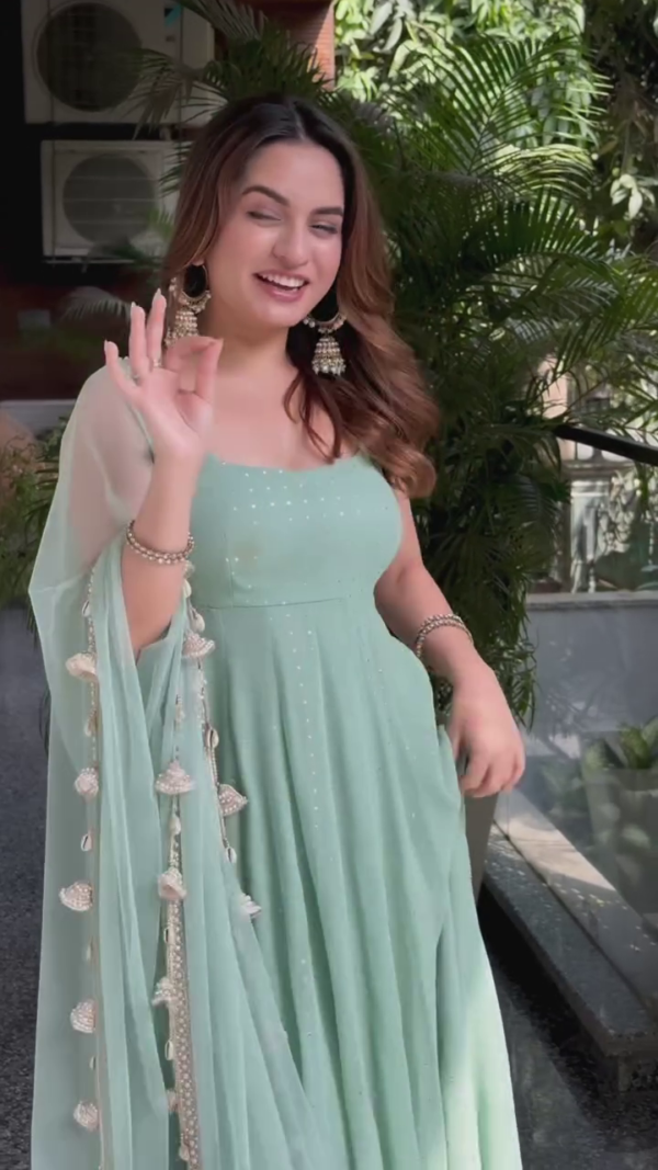 Fancy  Mint Green Duppata Set, 3 pc Anarkali Gown With Duppatta Set With Pent - Image 5