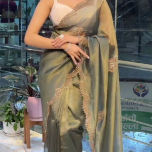 Royal Olive Green Satin Saree with Zarkhan Work