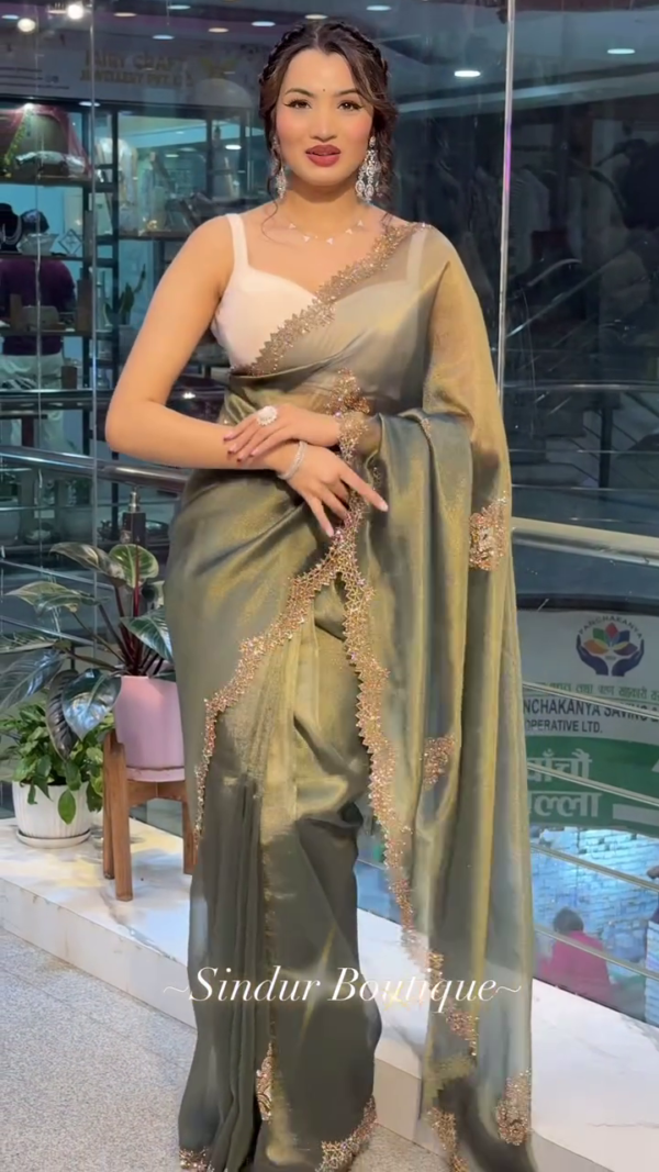 Royal Olive Green Satin Saree with Zarkhan Work
