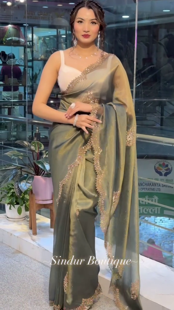 Royal Olive Green Satin Saree with Zarkhan Work - Image 3