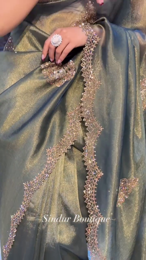 Royal Olive Green Satin Saree with Zarkhan Work - Image 5