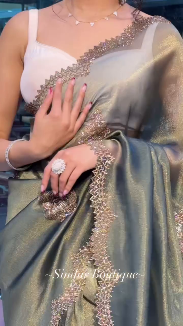 Royal Olive Green Satin Saree with Zarkhan Work - Image 4