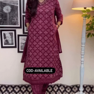 Elegant Wine Color Floral Cotton Afghani Suit Set – Comfortable & Chic for Every Occasion