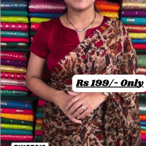 Elegant Chiffon Crepe Kalamkari Print Wheat, Black, and Maroon Red Saree – A Perfect Blend of Tradition and Style