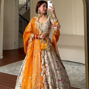 Rust Gold Bridal Lehenga in Velvet & Mirror Work