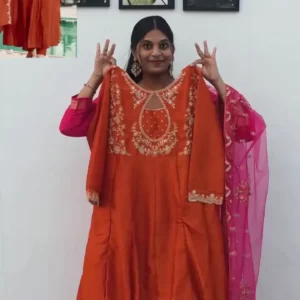 Royal Rust Orange Naixa Vichitra Silk Flared Kurta Set with Dupatta